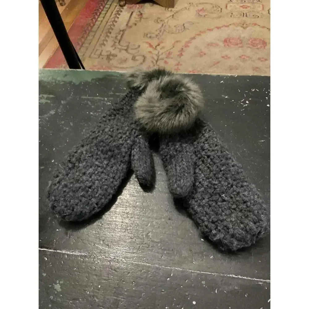 Mark and Graham wool blend Grey Knit Mittens with Faux Fur Trim